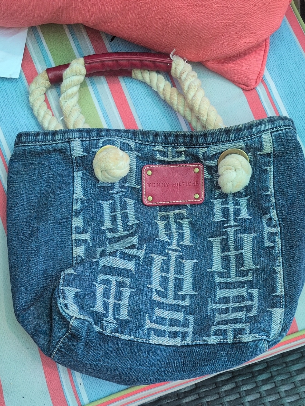 Tommy Hilfiger Denim Monogram Tote with Rope Handles and Pink Leather Patch